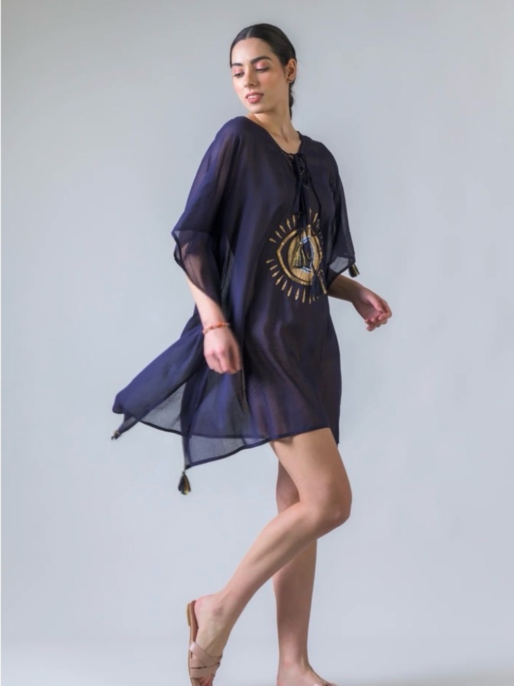 Navy Kaftan Gold Evil Eye Swim Cover-Up with beaded Embellishments